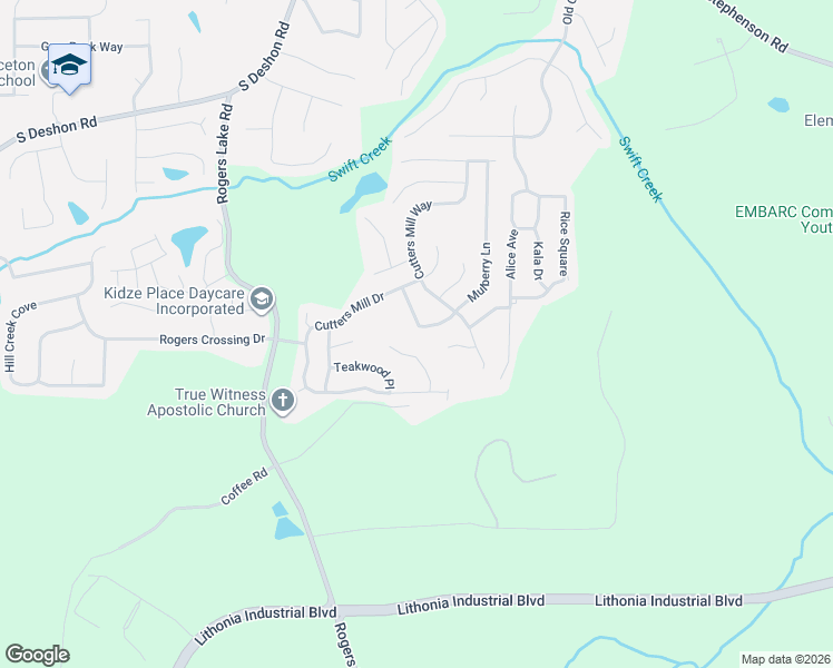 map of restaurants, bars, coffee shops, grocery stores, and more near 7188 Mill Arbor in Lithonia