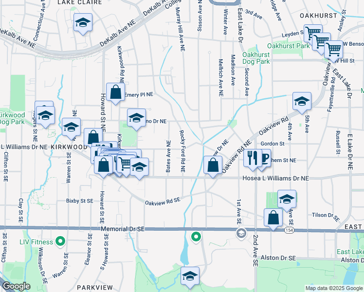 map of restaurants, bars, coffee shops, grocery stores, and more near 2178 Ridgedale Rd NE in Atlanta