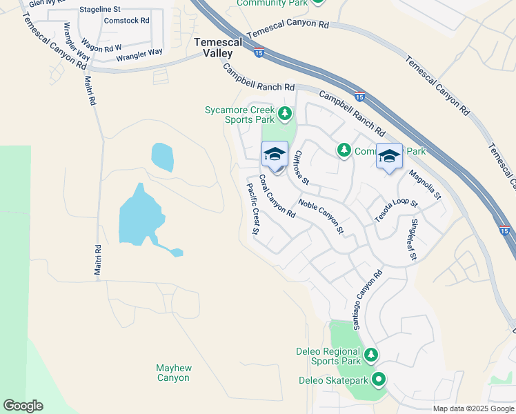 map of restaurants, bars, coffee shops, grocery stores, and more near 25150 Lemongrass Street in Corona