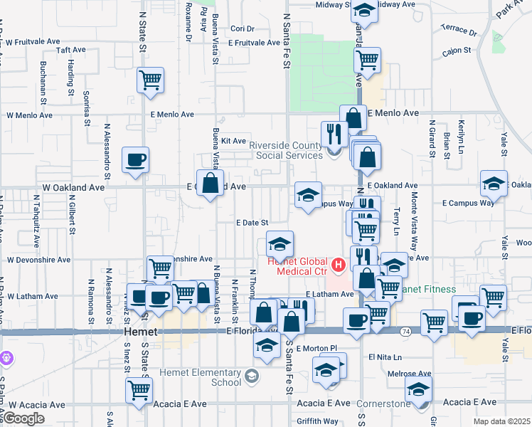 map of restaurants, bars, coffee shops, grocery stores, and more near 417 North Taylor Street in Hemet