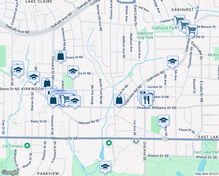 map of restaurants, bars, coffee shops, grocery stores, and more near 2217 Ridgedale Road Northeast in Atlanta