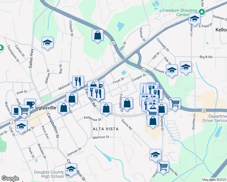 map of restaurants, bars, coffee shops, grocery stores, and more near 6315 Johnson Street in Douglasville