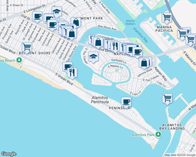 map of restaurants, bars, coffee shops, grocery stores, and more near 11 Palermo Walk in Long Beach