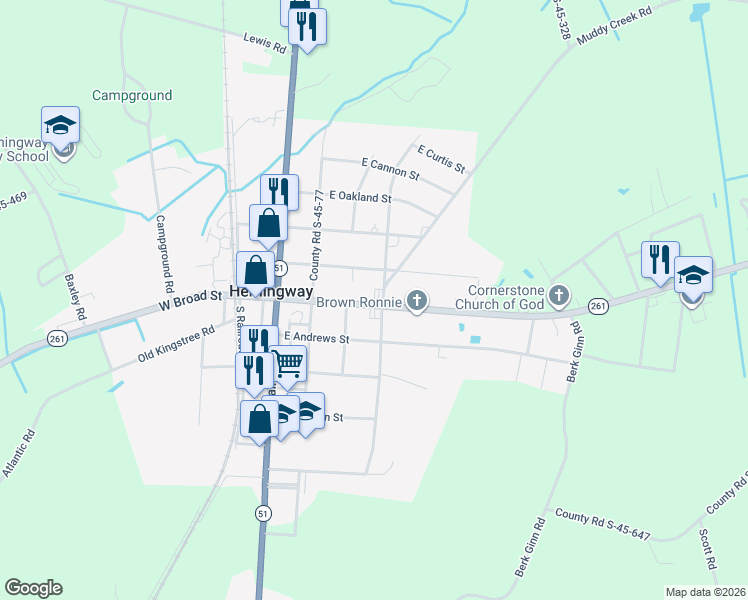 map of restaurants, bars, coffee shops, grocery stores, and more near 311 East Broad Street in Hemingway