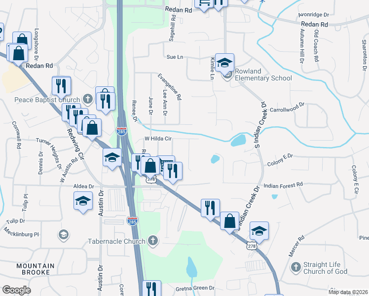 map of restaurants, bars, coffee shops, grocery stores, and more near 3991 Phylis Place in Decatur