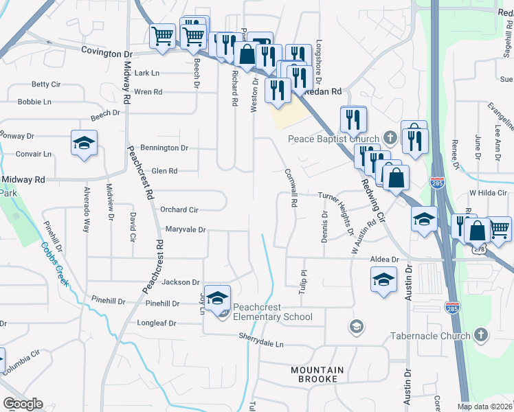 map of restaurants, bars, coffee shops, grocery stores, and more near 3558 Turner Heights Drive in Decatur