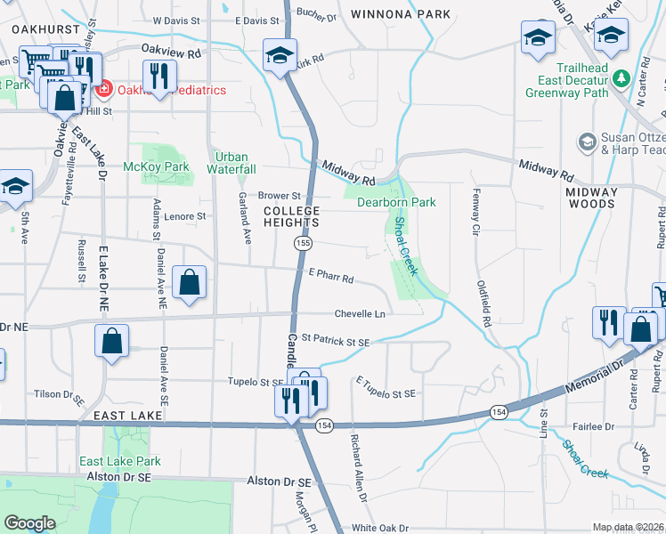 map of restaurants, bars, coffee shops, grocery stores, and more near 2929 Pharr Road East in Decatur