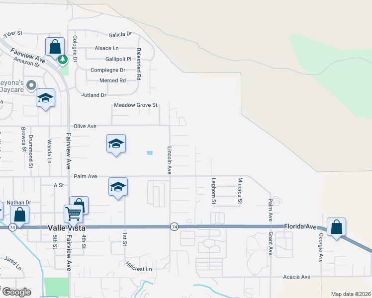 map of restaurants, bars, coffee shops, grocery stores, and more near 44590 Buntin Way in Hemet
