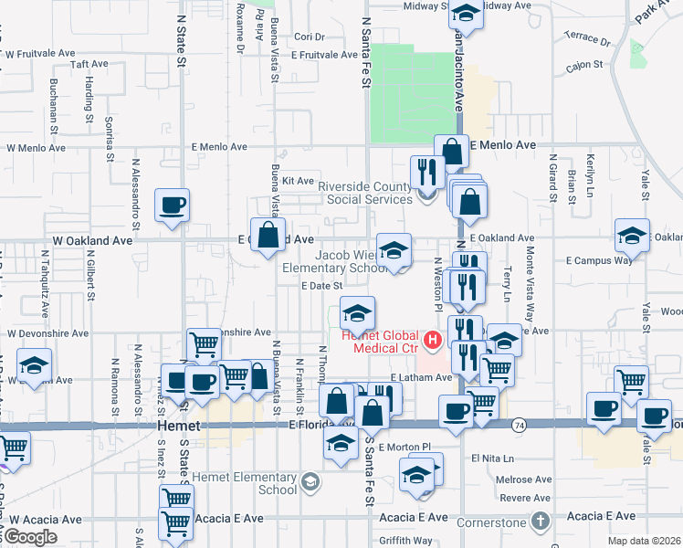 map of restaurants, bars, coffee shops, grocery stores, and more near 417 North Taylor Street in Hemet