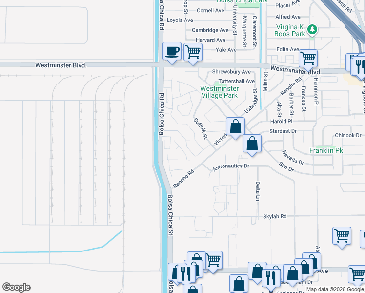map of restaurants, bars, coffee shops, grocery stores, and more near 14422 Birmingham Drive in Westminster