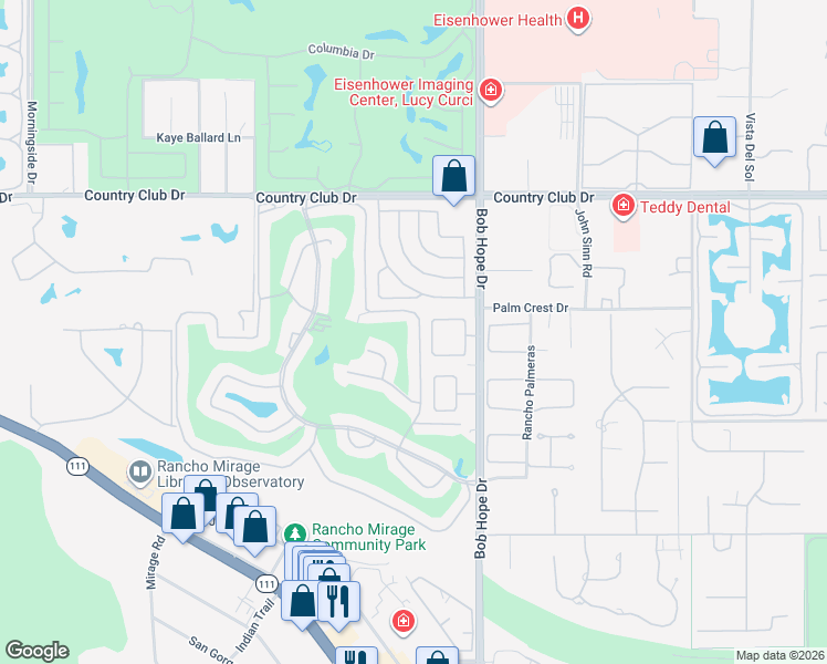map of restaurants, bars, coffee shops, grocery stores, and more near 73 La Ronda Drive in Rancho Mirage