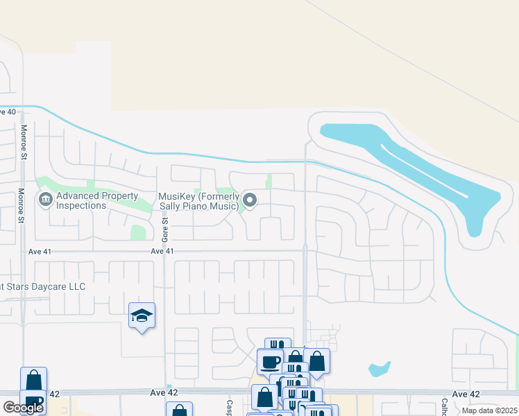 map of restaurants, bars, coffee shops, grocery stores, and more near 82837 Angels Camp Drive in Indio