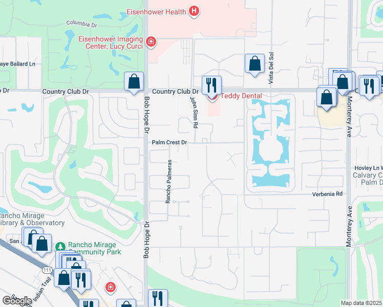 map of restaurants, bars, coffee shops, grocery stores, and more near 7 Desert Lark Circle in Rancho Mirage