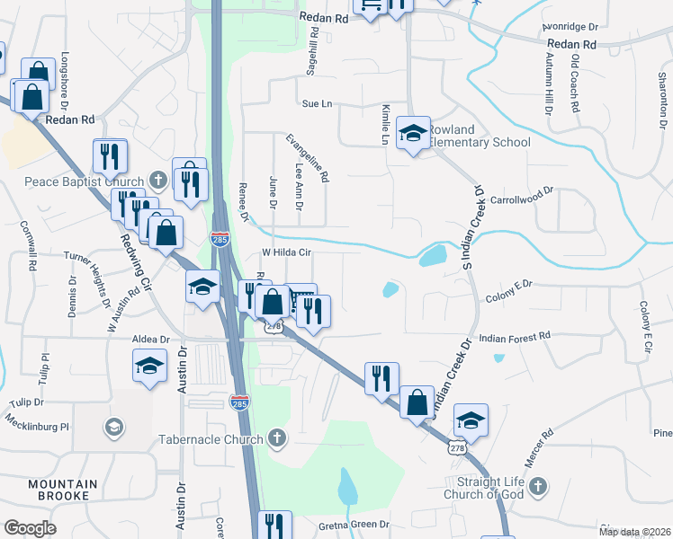 map of restaurants, bars, coffee shops, grocery stores, and more near 3975 Phylis Place in Decatur