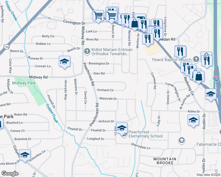 map of restaurants, bars, coffee shops, grocery stores, and more near 3592 Orchard Circle in Decatur