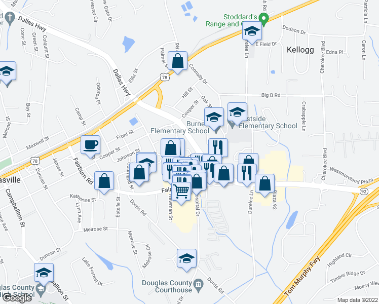 map of restaurants, bars, coffee shops, grocery stores, and more near 8333 Office Park Drive in Douglasville