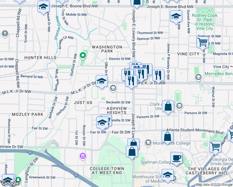 map of restaurants, bars, coffee shops, grocery stores, and more near 45 Whitehouse Drive Southwest in Atlanta