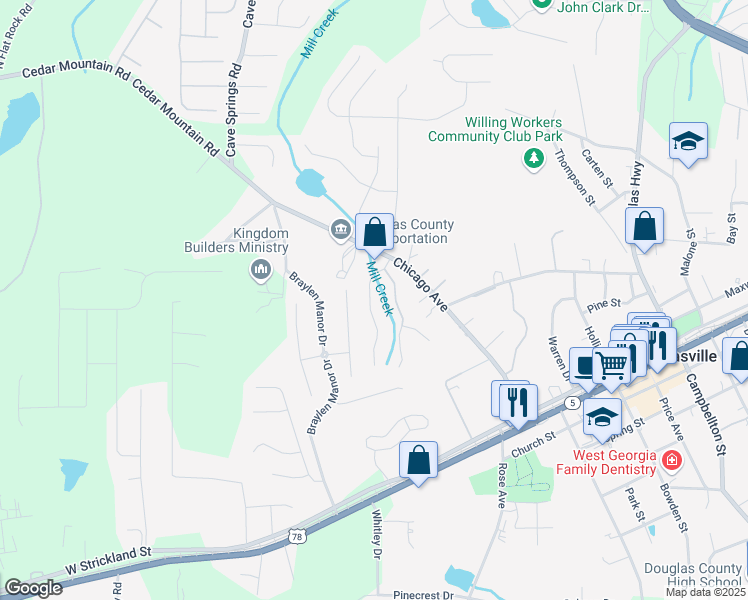 map of restaurants, bars, coffee shops, grocery stores, and more near 7124 Crystal Creek Place in Douglasville