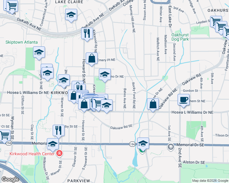map of restaurants, bars, coffee shops, grocery stores, and more near 2077 Ridgedale Road Northeast in Atlanta