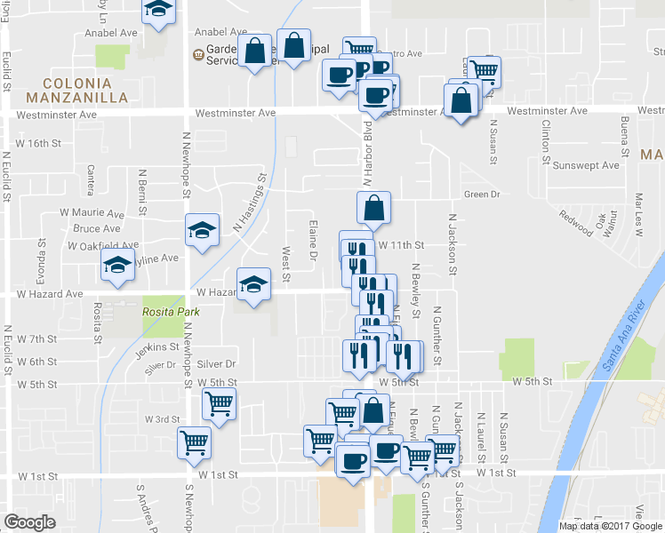 map of restaurants, bars, coffee shops, grocery stores, and more near 3913 Hazard Avenue in Santa Ana