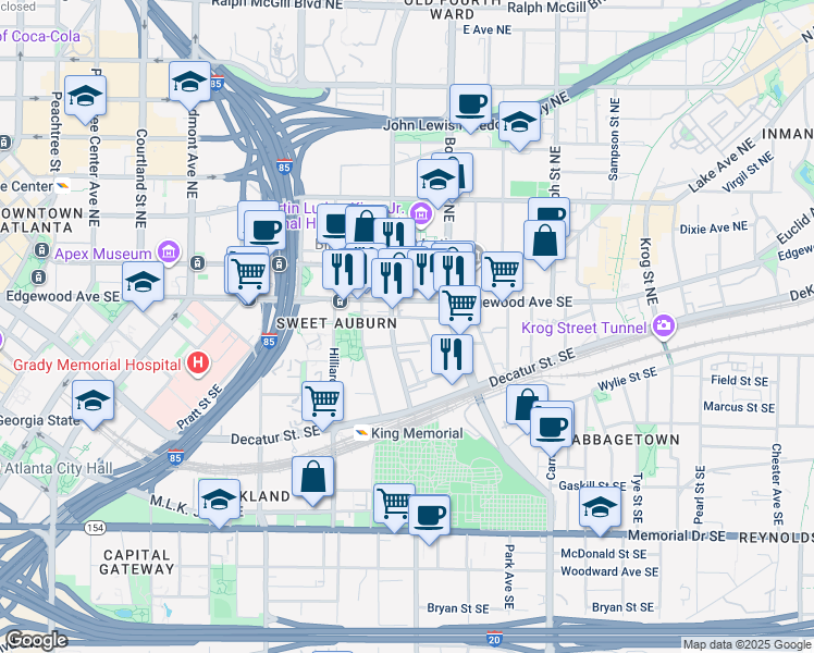 map of restaurants, bars, coffee shops, grocery stores, and more near in Atlanta