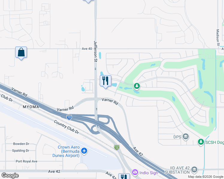map of restaurants, bars, coffee shops, grocery stores, and more near 80142 Camino Santa Elise in Indio