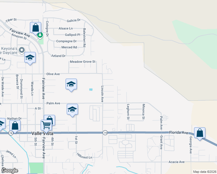 map of restaurants, bars, coffee shops, grocery stores, and more near 44561 Springwood Circle in Hemet