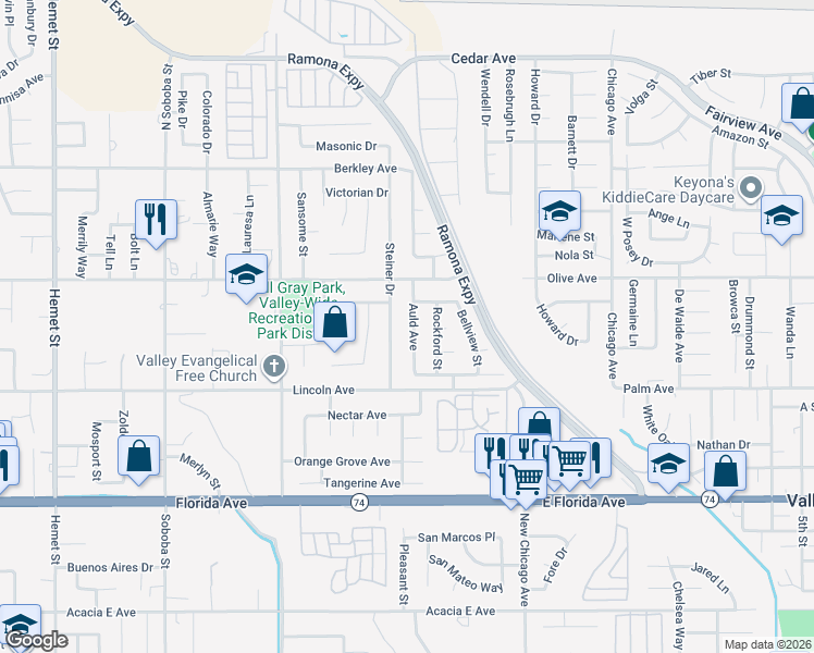 map of restaurants, bars, coffee shops, grocery stores, and more near 25355 Auld Avenue in Hemet