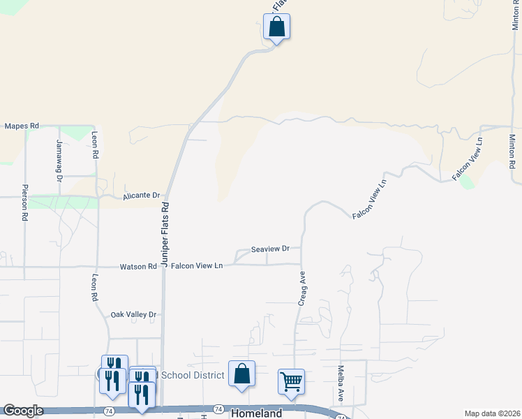 map of restaurants, bars, coffee shops, grocery stores, and more near Falcon View Lane in Homeland