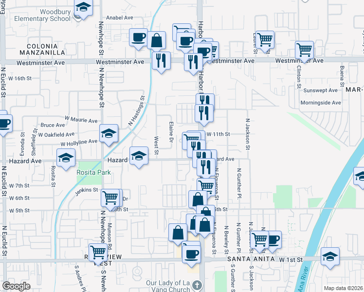 map of restaurants, bars, coffee shops, grocery stores, and more near 3913 Hazard Avenue in Santa Ana