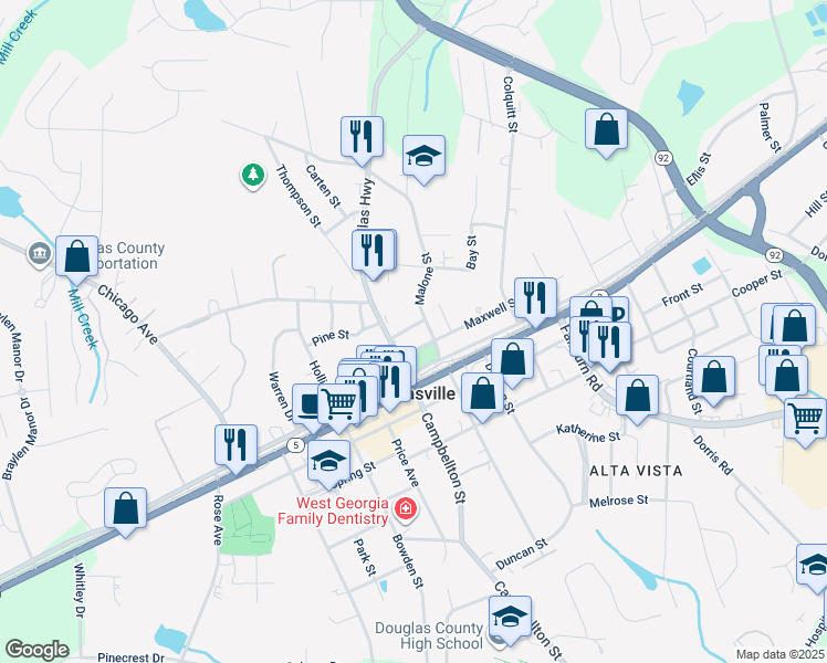 map of restaurants, bars, coffee shops, grocery stores, and more near 6648 Ridge Avenue in Douglasville