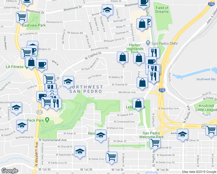 map of restaurants, bars, coffee shops, grocery stores, and more near 995 West Channel Street in Los Angeles