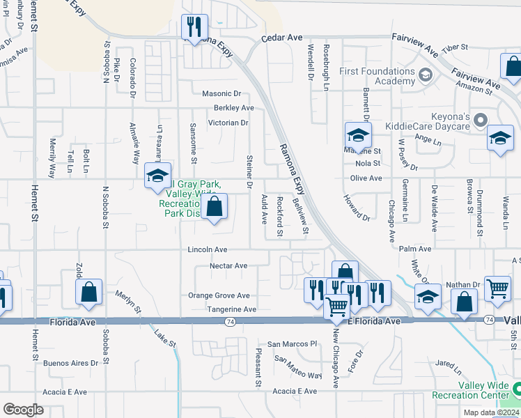 map of restaurants, bars, coffee shops, grocery stores, and more near 25355 Auld Avenue in Hemet