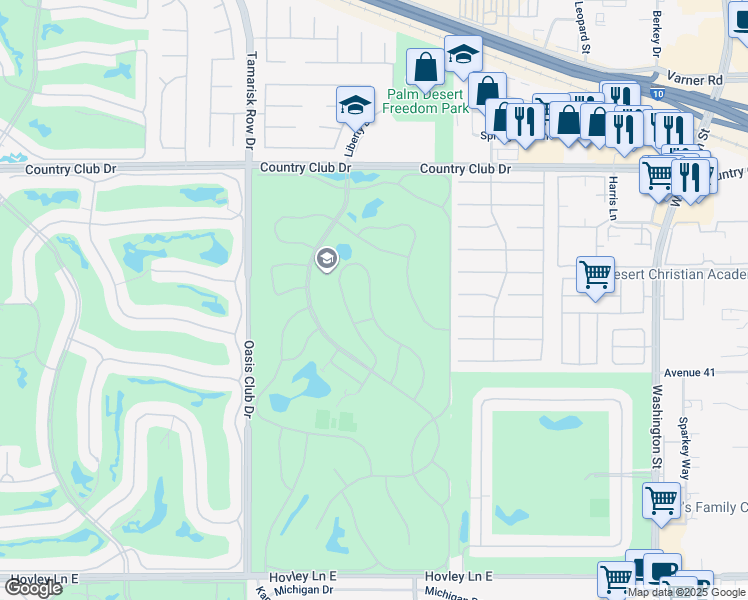 map of restaurants, bars, coffee shops, grocery stores, and more near 40665 La Costa Circle West in Palm Desert