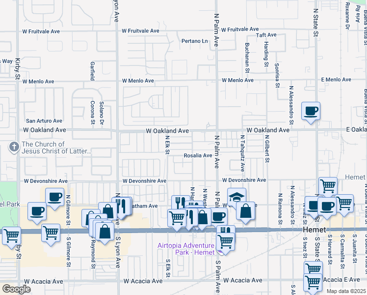 map of restaurants, bars, coffee shops, grocery stores, and more near 1170 Rosalia Avenue in Hemet
