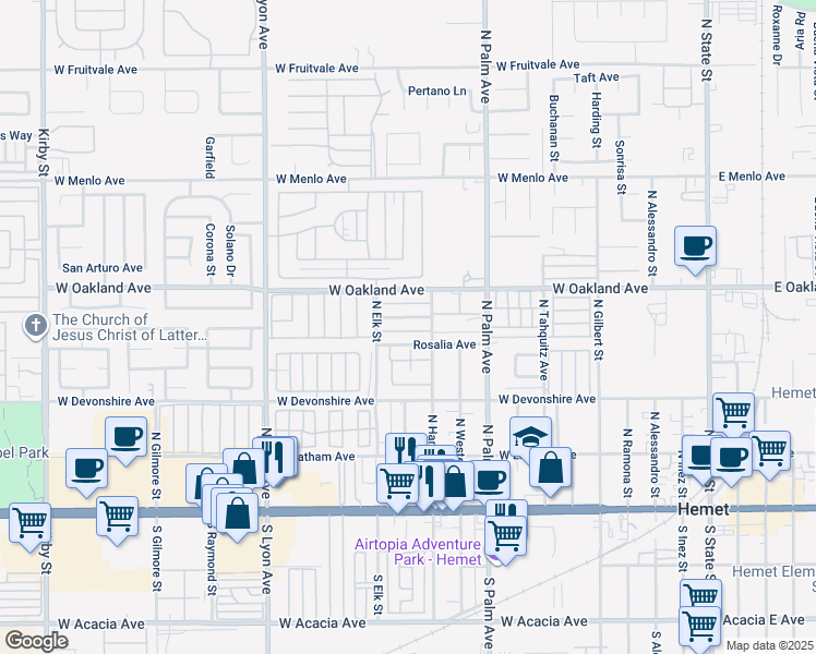 map of restaurants, bars, coffee shops, grocery stores, and more near 1170 Rosalia Avenue in Hemet