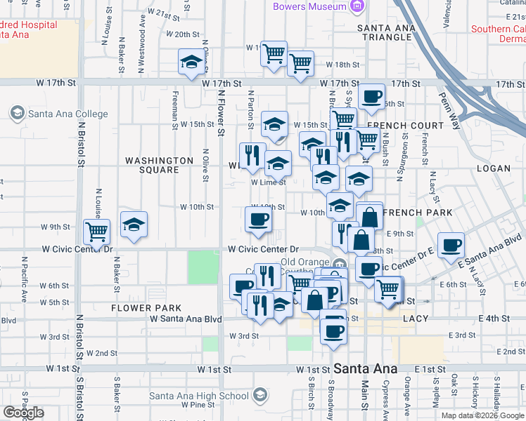 map of restaurants, bars, coffee shops, grocery stores, and more near 835 North Parton Street in Santa Ana