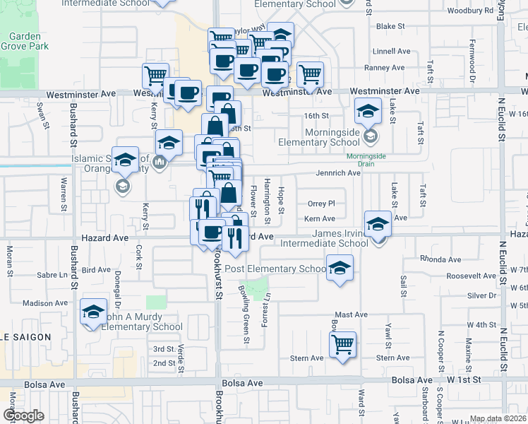map of restaurants, bars, coffee shops, grocery stores, and more near 14432 Flower Street in Garden Grove