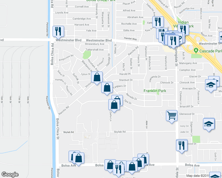 map of restaurants, bars, coffee shops, grocery stores, and more near 14411 Spa Drive in Huntington Beach