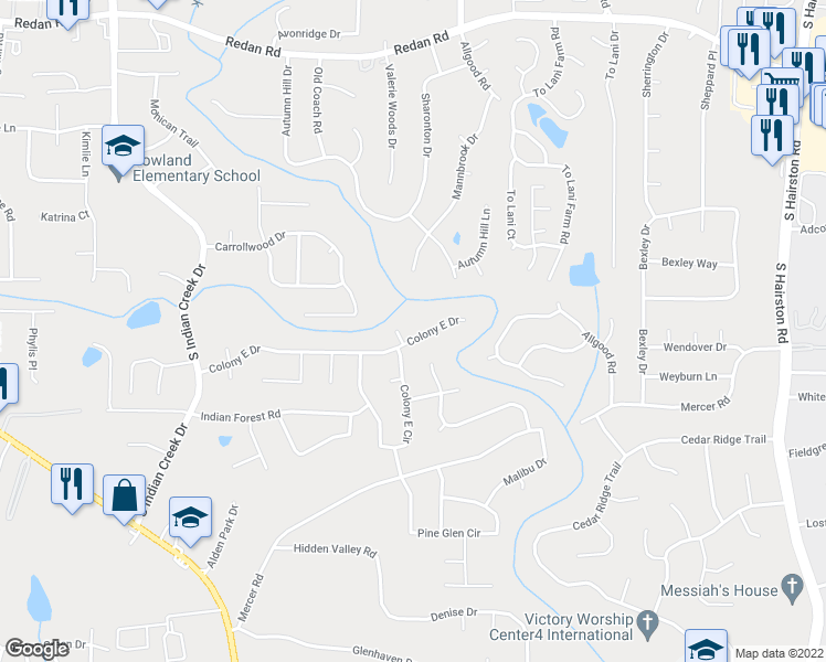 map of restaurants, bars, coffee shops, grocery stores, and more near 4379 Colony East Drive in Stone Mountain