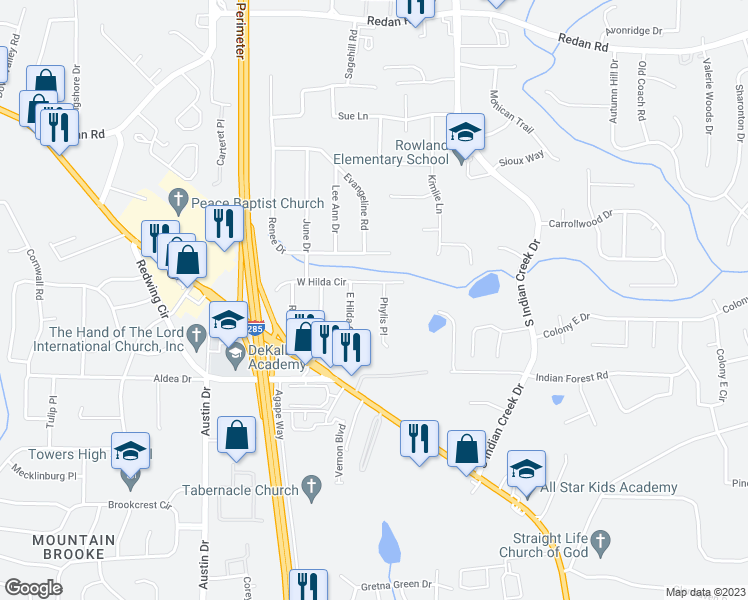 map of restaurants, bars, coffee shops, grocery stores, and more near 3991 Phylis Place in Decatur