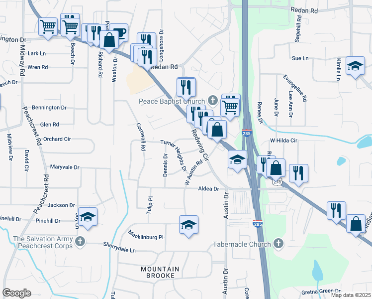 map of restaurants, bars, coffee shops, grocery stores, and more near 3716 Loren Drive in Decatur