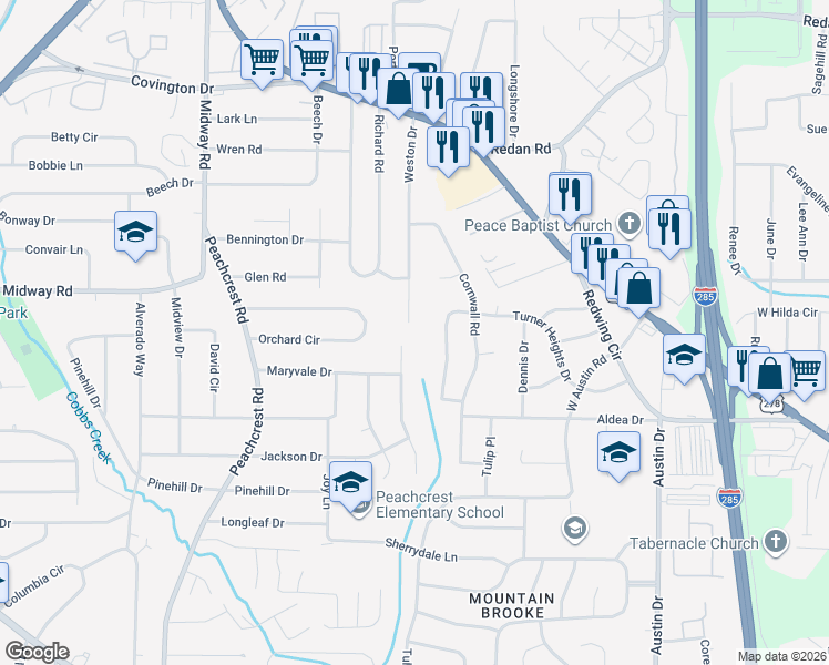 map of restaurants, bars, coffee shops, grocery stores, and more near 3558 Turner Heights Drive in Decatur