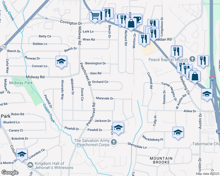 map of restaurants, bars, coffee shops, grocery stores, and more near 3589 Orchard Circle in Decatur