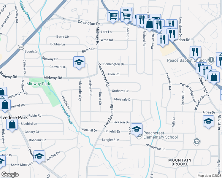 map of restaurants, bars, coffee shops, grocery stores, and more near 1364 Peachcrest Road in Decatur