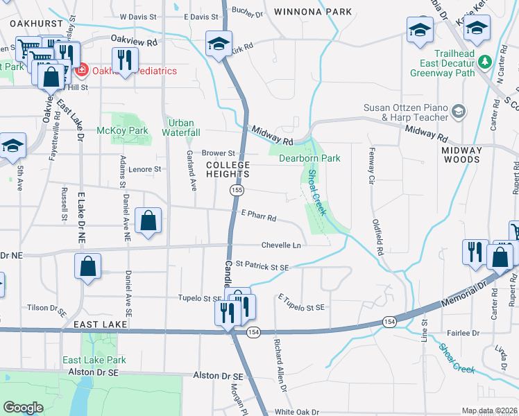 map of restaurants, bars, coffee shops, grocery stores, and more near 2929 Pharr Road East in Decatur