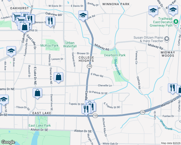map of restaurants, bars, coffee shops, grocery stores, and more near 1128 South Candler Street in Decatur