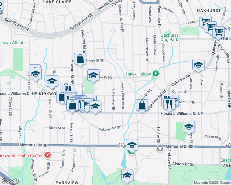 map of restaurants, bars, coffee shops, grocery stores, and more near 54 Rockyford Road Northeast in Atlanta
