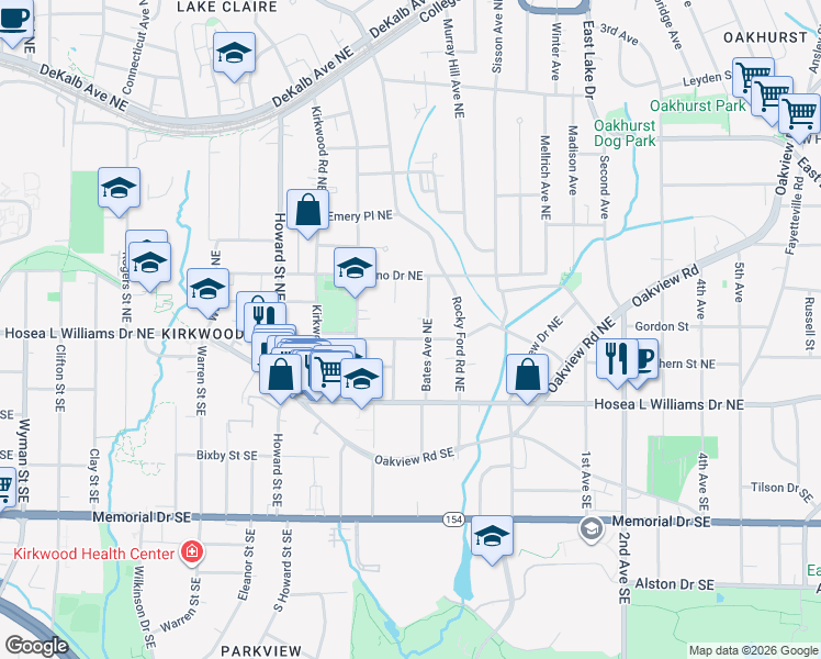 map of restaurants, bars, coffee shops, grocery stores, and more near 2127 Ridgedale Road Northeast in Atlanta