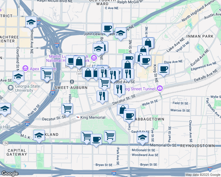map of restaurants, bars, coffee shops, grocery stores, and more near 50 Daniel Street Southeast in Atlanta
